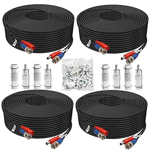 BNC Cable 150ft 4 Pack Aimyzii BNC Video Power Cable,Security Camera Cable for CCTV Camera DVR Security Systems(Included 8X BNC Adapters,100 Pcs Cable Clips)-Black - size: 150 FT