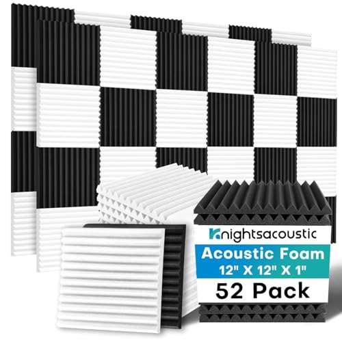 52 Pack Acoustic Foam Panels, 1 X 12 X 12 Inches Sound Proof Foam Panels for Walls, High Density Acoustic Panels Sound Absorbing, Black White Noise Cancelling Studio Wedges (NOT Include Adhesive) - size: 52Packs White+Black