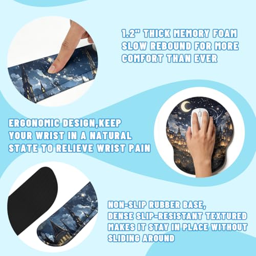 Midnight Castle Desk Mat Set Fantasy Sky Large Mouse Pad with Wrist Rest 4in1 Desk Mat for Desktop Ergonomic Computer Desk Arm Wrist Anti-Slip Computer Ergonomic Mouse Pad Home Office Gaming - color: Midnight Castle