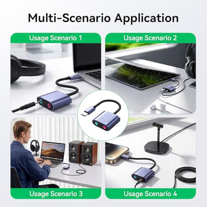 USB C Sound Card, USB C to Headphone and Microphone Jack Audio Adapter External Sound Cards Compatible with Windows, Laptops, Desktops Windows, MAC, Linux, PC, PS5, PS4(Grey)