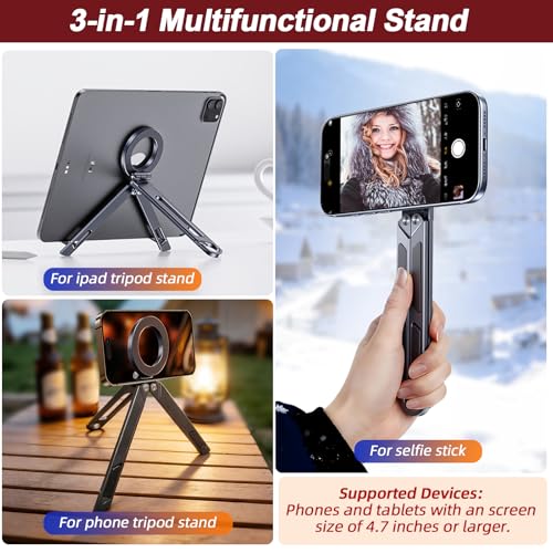 Magnetic Tripod for iPhone iPad, 2-in-1 Portable Phone Stand with Carabiner for Travel Gym, Selfie Stick Tablet Holder Strong Magnet Quick Mount Compatible with iPhone 17 16 15 14 13 12 iPad Series