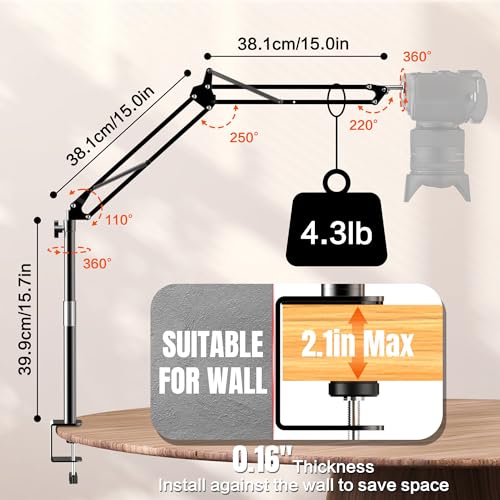 Taisioner Overhead Camera Mount Phone Holder for TikTok Live Streaming Desk Stand Flexible Camera Arm Tabletop Mount Phone Clamp for DSLR Camera/Webcam/Microphone/Lights