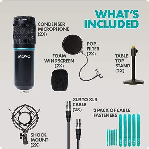 Movo PodPak2T 2-Pack Universal XLR Condenser Microphone Podcasting Equipment Bundle for 2 - Includes 2 Cardioid Mics, Desktop Stands, Shock Mounts, Pop Filters and Cables - Podcast and YouTube Kit - style: 2 Pack