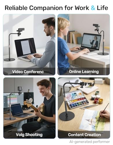 Webcam Tripod Stand with Phone Holder, Gooseneck Arm with 360° Ballhead for Desktop & Overhead Recording, Compatible with Logitech Cam C920 C922 C930e C960 C615 BRIO NexiGo N60 with 1/4'' Thread
