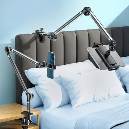 Phone Stand with Heavy-Duty C-Clamp, 3-Section Adjustable Desktop Mount Stand for Phone, 360° Ball Head Flexible Desk Mount
