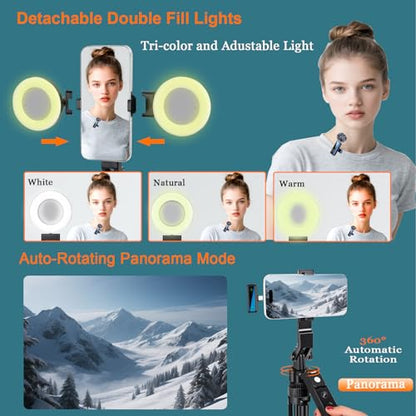 70.9” Auto Face Tracking Tripod for iPhone Anriod Phone,Vlogging Kit | Content creator essentials,with light , 360 rotatable tripod, with wireless microphone and remote - style: With T20 Mic