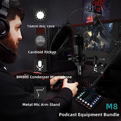 Podcast Equipment Bundle, BM-800 Podcast Microphone Bundle-Voice Changer with live Sound Card-Studio Condenser Microphone for Phone, PC, DJ, Perfect for Recording, Singing, Streaming and Gaming