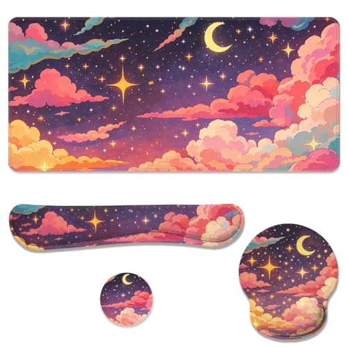 Dreamy Clouds Desk Mat Set Magical Star Night Large Mouse Pad with Wrist Rest 4in1 Desk Mat for Desktop Ergonomic Keyboard Wrist Support Anti-Slip Computer Ergonomic Mouse Pad Home Office Gaming - color: Dreamy Clouds
