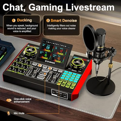podcast equipment bundle, live sound card, streaming audio mixer, Podcast microphone bundle for PC/mobile live streaming, singing, gaming, soundboard with voice changer and noise reduction function