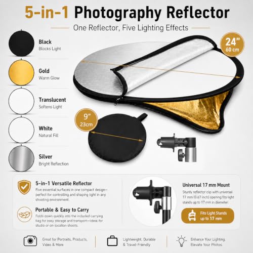 24in 5 in 1 Photography Reflector with Clip and Carrying Bag,Collapsible Photo Reflector,Round Light Reflectors for Photography,Gold Silver White Black Translucent Diffuser for Studio Outdoor Shooting - size: open size: 60cm/24inch