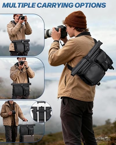 Smasrob Camera Bag with Tripod Holder, Rain Cover and Hidden Water Bottle Holder, Camera Sling Bag with Extra Storage Section, Black