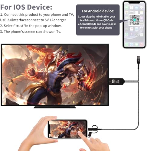 Universal 3-in-1 HDMI Mirroring Cable (6.6FT), Lightning/Micro USB/USB C to HDMI Adapter for All iPhone, Android Phones, iPad, Support 2K 60Hz 1080P Mirroring to Projector/Monitor/TV
