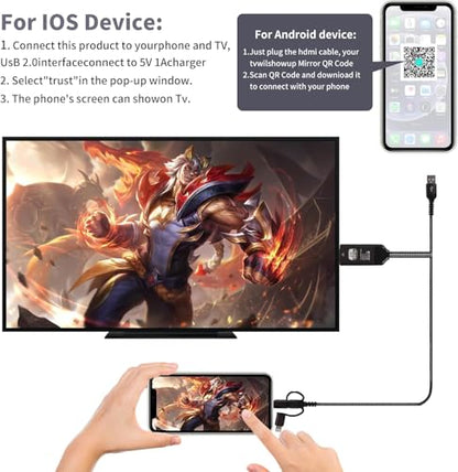 Universal 3-in-1 HDMI Mirroring Cable (6.6FT), Lightning/Micro USB/USB C to HDMI Adapter for All iPhone, Android Phones, iPad, Support 2K 60Hz 1080P Mirroring to Projector/Monitor/TV