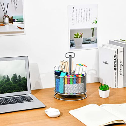 Marbrasse Mesh Desk Organizer, 360-Degree Rotating Multi-Functional Pen Holder, 4 Compartments Desktop Stationary Organizer, Home Office Art Supply Storage Box Caddy (silver) - color: Silver