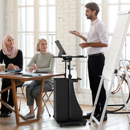 Giantex Mobile Podium Stand, Sit-to-Stand Laptop Cart with Tilting Tabletop & Storage Cabinet, Lockable Casters, Height-Adjustable Rolling Lectern for Classroom, Church, Home Office (Black, 1 Pack) - color: Black