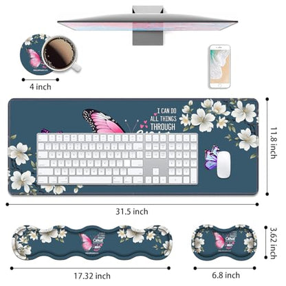 Ergonomic Keyboard Wrist Rest & Mouse Pad Wrist Rest Set, Large XXL Gaming Desk Mat 31.5"x 11.8" with Non-Slip Base for Home Office Study Gaming, Floral Butterfly Quote Bible Verse Philippians 4:13 - color: Butterfly Quote Bible Verse Philippians 4:13