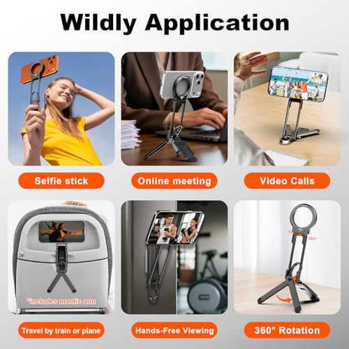 COMAN DP58 Magnetic Phone Tripod, Aluminum MagSafe Tripod Stand with Carabiner, Mini Portable Travel Pocket Tripods for iPhone & Non-Magnetic Phones with Included Ring - color: Black