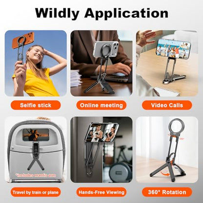 COMAN DP58 Magnetic Phone Tripod, Aluminum MagSafe Tripod Stand with Carabiner, Mini Portable Travel Pocket Tripods for iPhone & Non-Magnetic Phones with Included Ring - color: Black