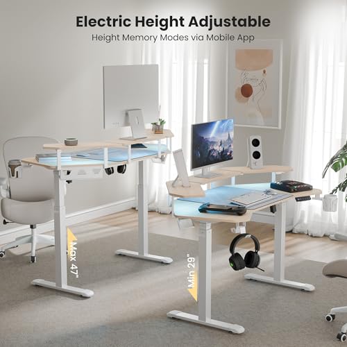 EUREKA ERGONOMIC Aero 55 Inch W Shaped Electric Standing Desk, Height Adjustable Computer Gaming Desk with LED Monitor Shelf, Mouse Pad, Headphone Hook, Cup Holder, Natural Maple - color: Maple, size: 55"W x 35"H-Adjustable