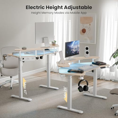 EUREKA ERGONOMIC Aero 55 Inch W Shaped Electric Standing Desk, Height Adjustable Computer Gaming Desk with LED Monitor Shelf, Mouse Pad, Headphone Hook, Cup Holder, Natural Maple - color: Maple, size: 55"W x 35"H-Adjustable