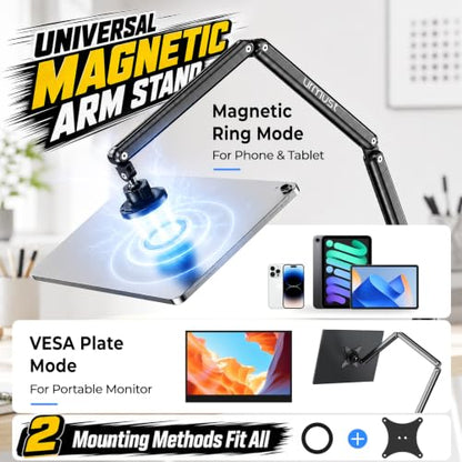 Magnetic Portable Monitor Stand for Desk, 2-in-1 VESA & Magnetic Tablet Holder for Bed, 360° Rotating Base Tablet Stand for iPad Pro, Galaxy Tab & Portable Screen for Office, Gaming & Study Setup