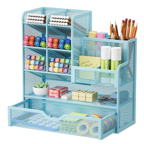 Marbrasse Mesh Pen Holder for Desk, Multi-Functional Pencil Organizer with Drawer, Desk Organizers and Accessories for Office Art Supplies (Blue) - color: Blue