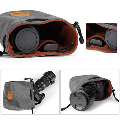 S-ZONE Soft Camera Bag DSLR Insert Handbag Drawstring Lens Case | Soft Suede, Drawstring closure, Dust-proof, Scratch-resistant, Compatible with Canon Nikon Sony - color: Grey, size: Large