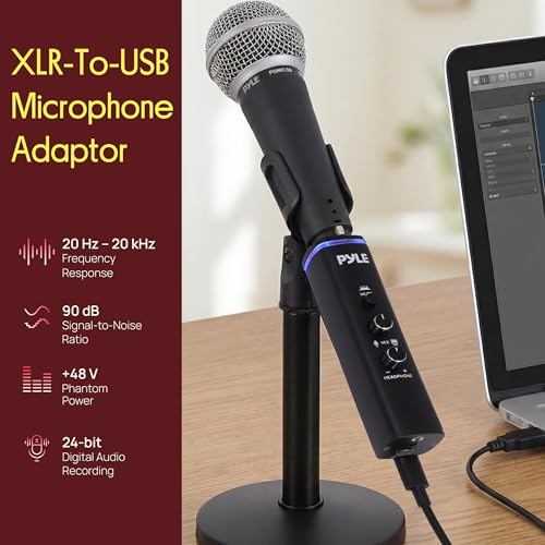 Pyle Microphone XLR-to-USB Signal Adapter - Universal Plug and Play XLR Mic to PC Adaptor for Digital Recording w/ Mix Audio Control, +48V Phantom Power, Headphone Volume, USB Cable - PDUSBPP10