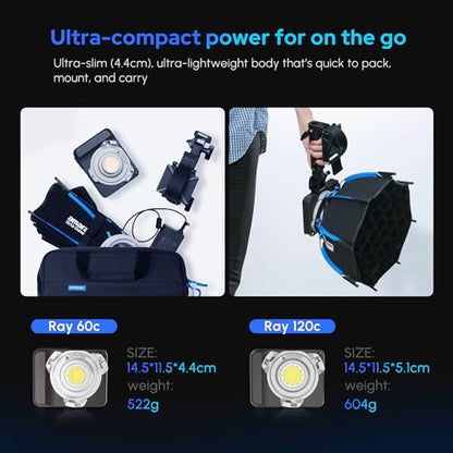 Amaran Ray 60c RGB Video Light,60W Portable Studio Photography Light CCT 1,800K-20,000K with Softbox Portable Bag for YouTube,TikTok,Live Streaming,Weddings,Vlog