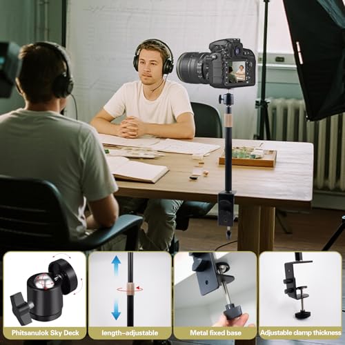 Extendable Camera Desk Mount with 360° Ball Head & 1/4" Screw, 9''-15.4" Adjustable Height Tabletop C-clamp Mounts Stand for Live Streaming, Video Conferencing, Video Recording, Photography