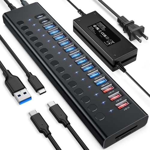 Powered USB Hub 10Gbps, 17 Ports 96W USB 3.2 Hub(10 USB-A 3.2 Ports+3 QC 24W Fast Charging Ports+2 USB-C 3.2 Ports+SD/TF Card Reader), 12V/8A Power Adapter for Laptop, PC, Computer, HDD,Flash Drive - color: Black