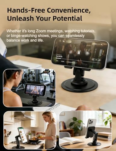 360° Rotating Adjustable Desk Phone Stand with Carbon Steel Base | 180° tilt arm, foldable design, adjustable joint tension, anti-slip silicone pads, fits 4-8 inch iPhone & Android devices