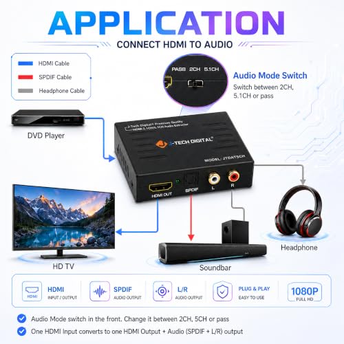 J-Tech Digital Premium Quality 4k HDMI to HDMI + Audio (SPDIF + RCA Stereo) Audio Extractor Converter (JTDAT5CH) - size: 4K 30 Hz