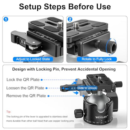 WEYLLAN EH46L Lever Ball Head with Stainless Steel Lock Pin, 46mm Low Profile Heavy Duty Tripod Ball Head Mount with Arca Swiss Quick Release Plate for Tripod Monopod DSLR Camera Camcorder Telescope - size: 46mm Ball