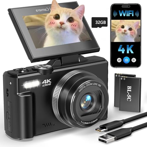 4K Digital Camera for Beginners & Teens, Autofocus Vlogging Camera with 180° Flip Screen, 18X Zoom, Easy-to-Use Compact Travel Camera, WiFi, 2 Batteries, 32GB Card - color: Black