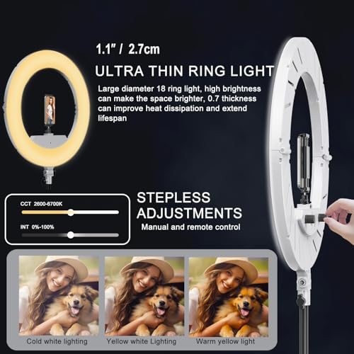 Ring Light Kit:18"/45cm Outer 55W6700k Dimmable LED Light, Tripod Stand, Remote Controller,Box for Camera,Smartphone,YouTube,TikTok,Self-Portrait Shooting,CRI95,White - color: White