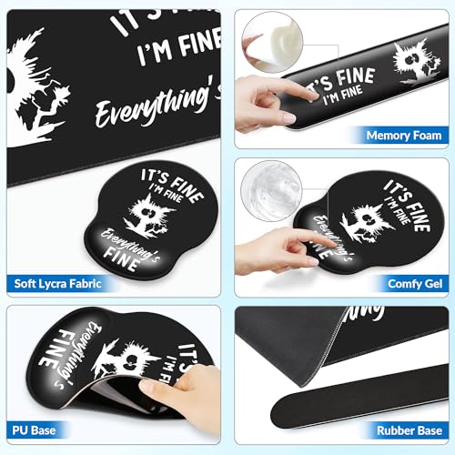 Desk Mat Set + Keyboard and Mouse Pad with Wrist Rest Support,4-in-1 Large Mousepad Computer Mats for Desktop Home & Office-It's fine I'm fine Everything is fine - color: E3-Funny Cute Cat