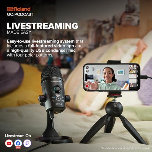 Roland GO:Podcast Video Podcasting Studio for Smartphones | Livestreaming System for Podcasters, Vloggers & More | Intuitive Video App | USB Microphone | Four Polar Patterns