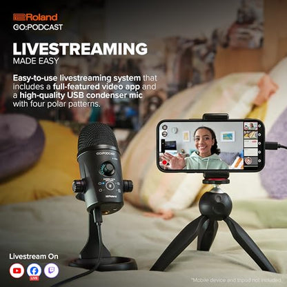 Roland GO:Podcast Video Podcasting Studio for Smartphones | Livestreaming System for Podcasters, Vloggers & More | Intuitive Video App | USB Microphone | Four Polar Patterns