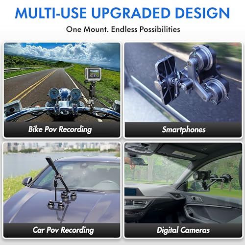 Insta 360 Car Mount, 360 Camera Car Mount Kit, 5 in 1 Suction Cup Camera Mount Kit, Compatible with GoPro, Insta 360 & Smartphones, Extra Strong Hold & Invisible Selfie Stick