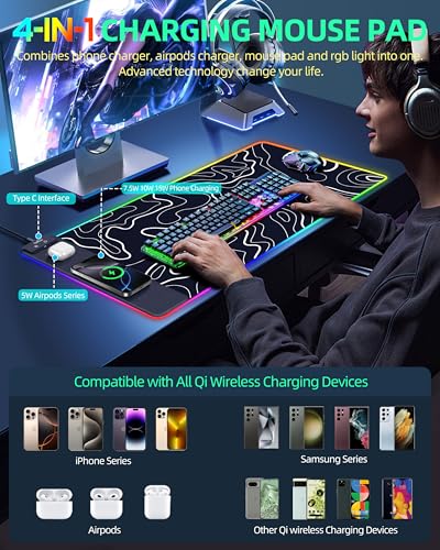 Wireless Charging Mouse Pad, RGB Gaming Mousepad, 31.5"x15.7" Extra Large Desk Pad, 13 Light Modes, Non-Slip Base, Waterproof Computer Keyboard Mat for MacBook, PC, Laptop, Black Topographic Line - color: Black Topographic