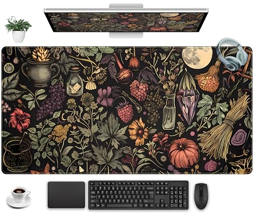 Desk Mat Botanical Witchery Mouse Pad Gaming Mat Dark Keyboard Mat, Long Mouse Mat XXL Extended Desktop Pad Computer Mats with Stitched Edges, Office Desk Accessory Home Decor 31.5" x 15.7" - color: Night Flower Fruit