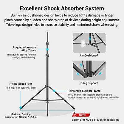 SmallRig 110"/9.2ft Photography Light Stand with Boom Arm, Heavy-Duty Aluminum Air-Cushioned Light Tripod Stand with 1/4" Screw for Softbox, Studio, Flash, Ring Light, Camera, 11lbs Max Load, RA-S280A - size: 9.2ft (with Boom Arm)
