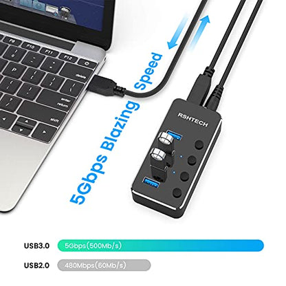 Powered USB Hub, RSHTECH 4 Port USB 3.0 Hub Splitter Portable Aluminum USB Data Hub Expander with Individual On/Off Switch and Universal 5V AC Adapter, 3.3ft USB 3.0 Cable (RSH-516) - size: 4-Port Powered USB 3.0 Hub