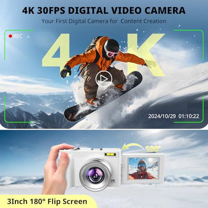 4K Digital Camera for Photography Autofocus, FHD 48MP Vlogging Camera for YouTube with SD Card, 2 Batteries, 16X Zoom,3" 180°Flip Screen Compact Travel Camera for Teens Beginners - color: Off White
