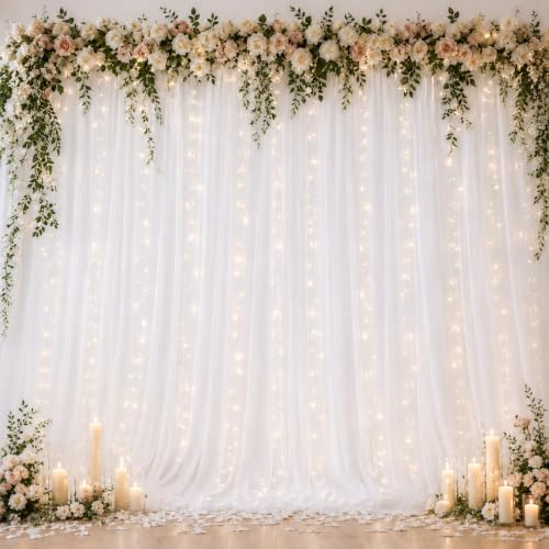 Ledido 10×10ft White Tulle Backdrop Curtain with Light(4 Panels 5×10ft) | 600LED Fairy Lights White Sheer Curtain Backdrop for Wedding Baby Shower Photo Shoot Birthday Party Decoration - color: White, size: 20×10ft(4 Panels 5×10ft)