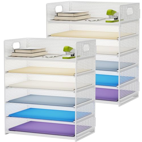 Marbrasse 2 Pack Desk Organizer with Handle, 6 Tier Paper Letter Tray, Mesh Desk File Organizer for Office, School and Home - Whtie - color: 2 Pack - White