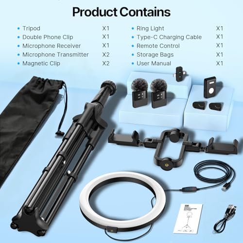 yAyusi Vlogging Kit for iPhone/Android, 78" Extendable Tripod Stand with Magnetic Microphone/Ring Light/Phone Clip/Remote Control, YouTube Starter Kit for Video Recording, Live Streaming
