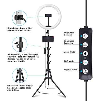 10" Selfie Ring Light with 73" Tripod Stand & 1 Phone Holder, LED Camera Ringlight with 48 RGB Colors Modes & Musical Rhythm Mode and 12 Brightness Dimmable for TikTok/Makeup/Photography/Vlog - color: 10" Musical Version