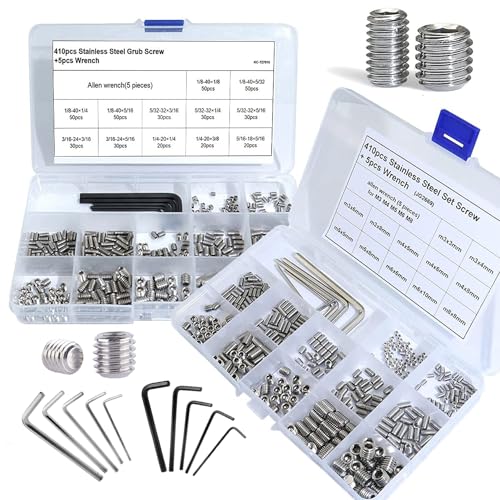 830pcs Set Screw Assortment Kit, Standard SAE + Metric Allen Head Socket Hex Grub Set Screws, Stainless Steel Set Screws for Bathroom Fixtures, Door Handles (M3-M8, 1/8"-40 to 5/16"-18) - size: 830PCS-Silver